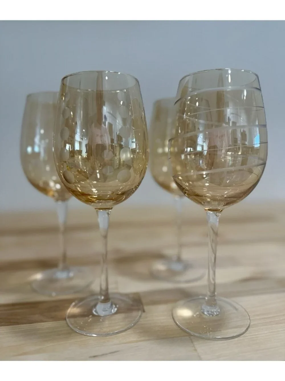 4 Pc. Mikasa Cheers Amber Gold Wine Glass Etched Different Patterns Striped Dots